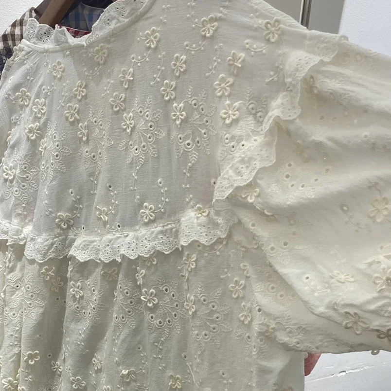 Summer Women Vintage Cotton Sweet Floral Embroidery Short Sleeve Shirt Retro Chic Ruffled Lace Cottagecore Rococo White Blouse