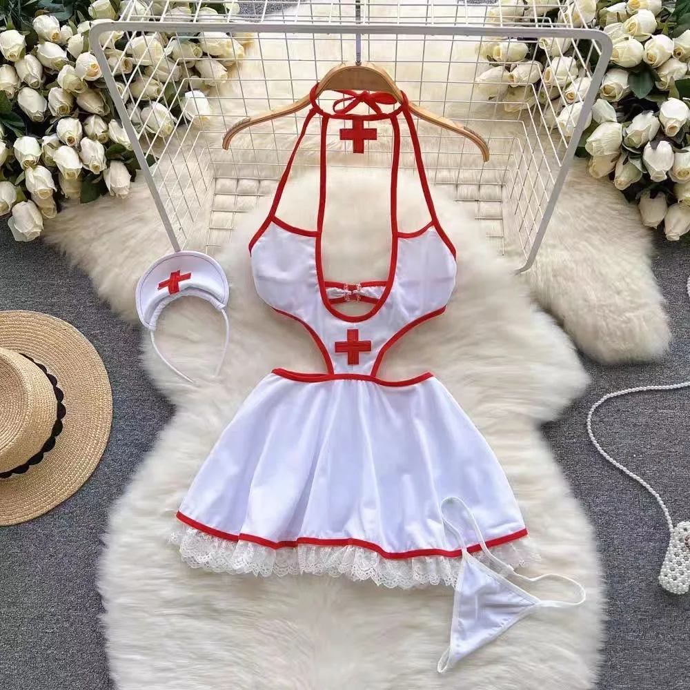 

Halter Dropped Cosplay Costume Dresses Waist Sexy Nurse Uniform Lingerie Hollow Revealing Neckline Lace Edge Nightgown Clothes
