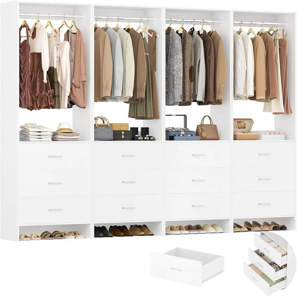 Sistema de Organización de Armarios, Organizador de Armarios de Madera, Armario Vestidor o Guardarropa, Armarios de 8 Pies, Juego de 4, Blanco