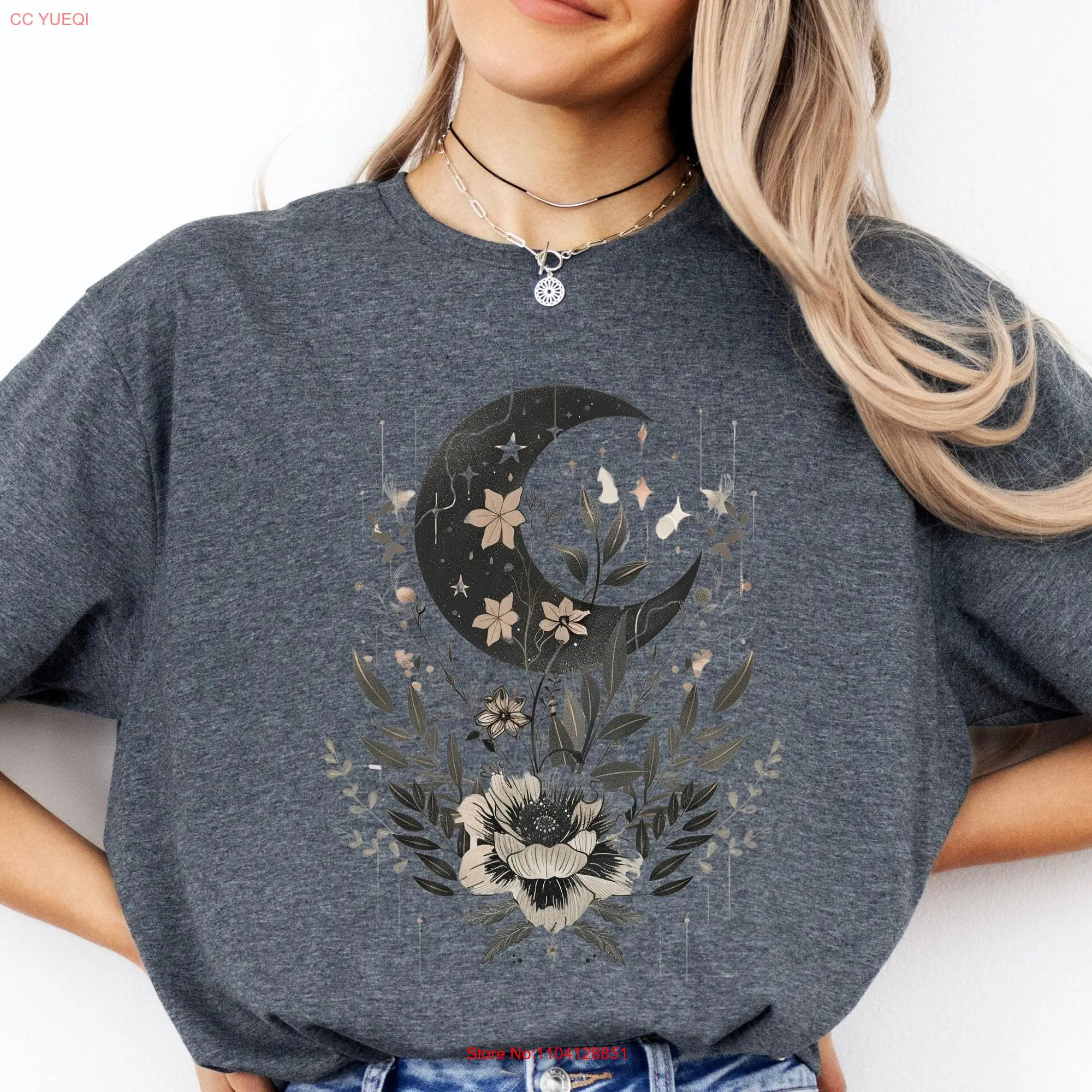 Mystic Moon Floral T Shirt Positive Energy Celestial Boho Flowers Cosmic Vintage for Her long or short sleeves