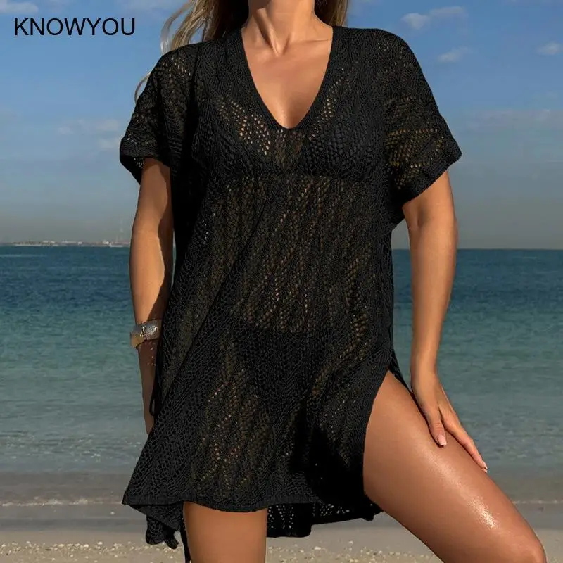 Women Sexy Hollow Out Lace Up Oversize Knitted Bikini Cover Ups Summer Female Solid Beachwear Loose Beachwear Cover Up