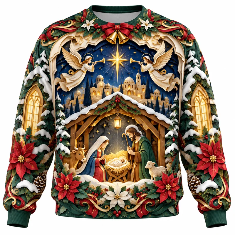 Jesus Christmas Sweatshirt Christian Faith Nativity Angel Sacred Heart Crewneck Xmas Pullover Holiday Religious Gift Casual Top