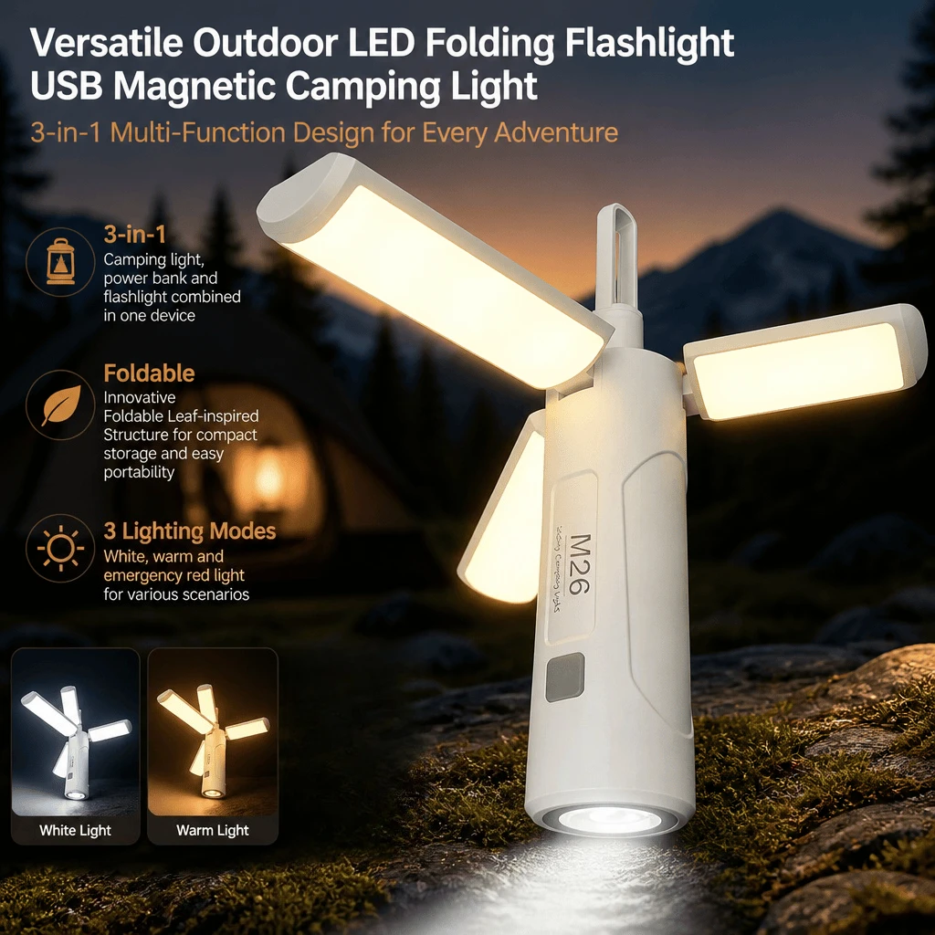 Camping Light LED Flashlight Power Bank Foldable Magnetic Outdoor Lamp Emergency Work Light USB Rechargeable 3 Modes Portable