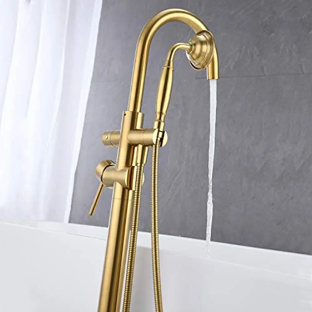 Floor Mounted Brushed Gold Brass Tub Filler Faucet with Hand Shower 360 Swivel Spout Stable Base Design Telephone Style Hand