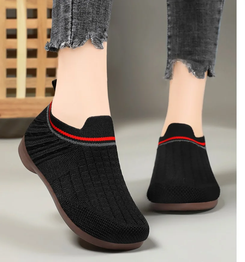 Ladies stripes loafers ultra light jogging shoes woman slides comfortable knitted moccasins Women's knitting slip on flats shoes