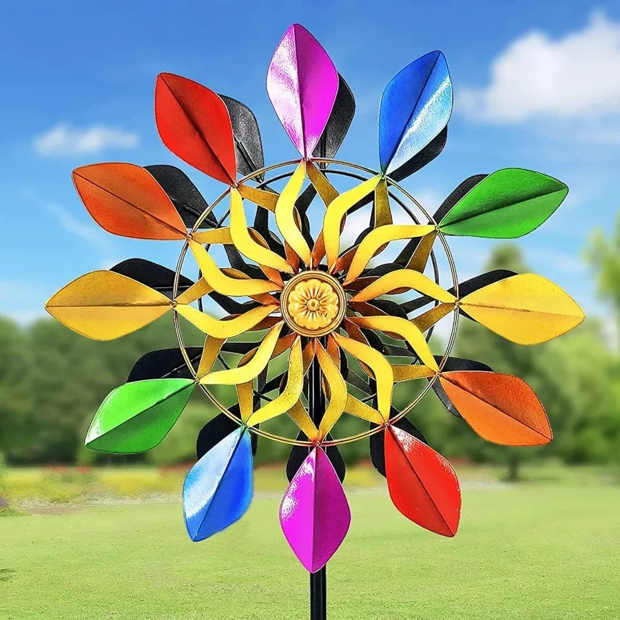 

63 Inch Kinetic Wind Spinners with Garden Stake Rainbow Metal Windmill Decorations 360 Swivel Outdoor Wind Sculpture Dual Direc