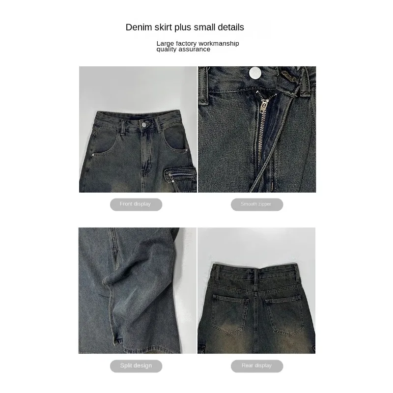 Damen High-Waist-Schlitz-Mermaid-Plissee-Cargo-Denim-Midirock, stilvolles Design, lässiger Damen-Midirock – Detail 9