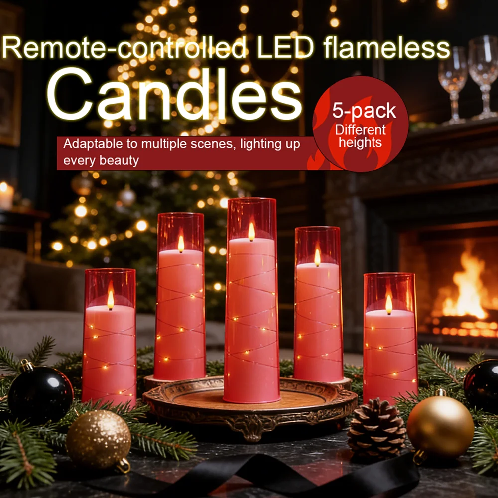 Pink 5PCS LED Flameless Candles with String Lights Timer Dimmable Acrylic Romantic Lights Valentines Day Baby Shower Girls Room
