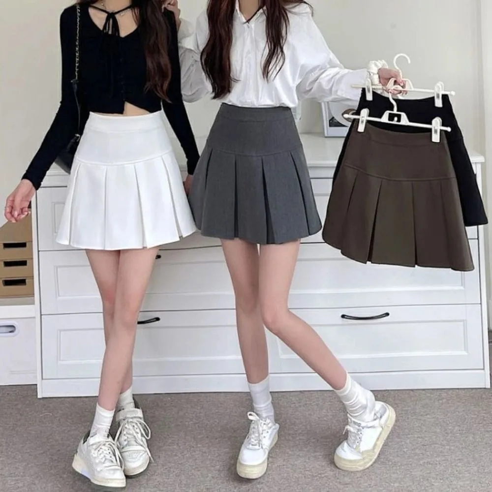 Koreaanse Stijl Hoge Taille Geplooide Mini Rokken Korte Jurk Y2k Eenvoudige Preppy Stijl Rokken Effen Kleur A-lijn JK Korte Rok Meisje