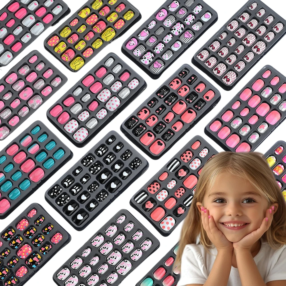 

24 шт., мультяшные розовые накладные ногти с сердечками для детей, носимые накладные ногти Kawaii, короткие накладные ногти, аксессуары для маникюра «сделай сам», 3+