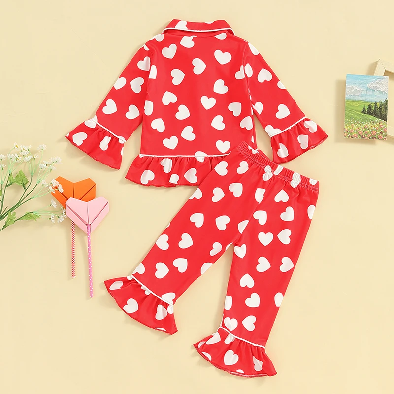 Ensemble pyjama Leon S Day pour filles, chemise boutonnée à volants, manches longues, imprimé cœur, pantalon évasé élastique, confortable