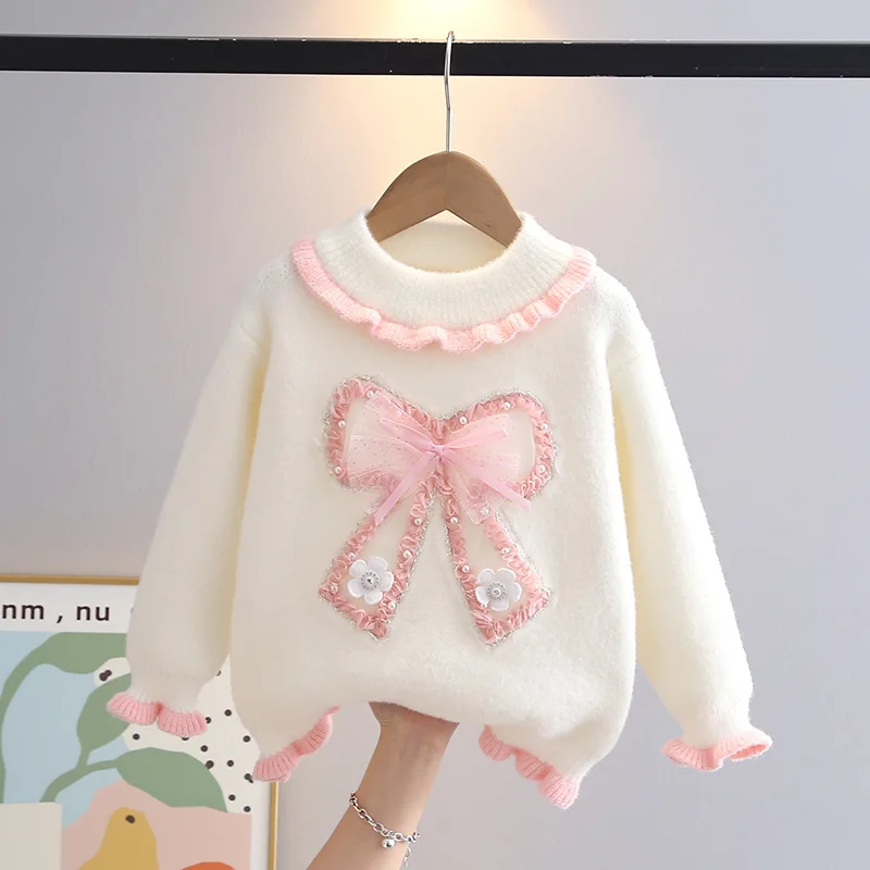 Fashion Bow-knot Knitting Baby Girls Sweaters Long Sleeves Outwear Little Girl Knitwear Jumpers 3-11Y Pullovers Clothing IY07171