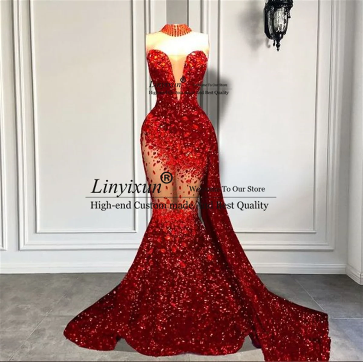 Glitter Sequins Prom Dress Luxury Beaded Crystals Mermaid Evening Party Gowns Strapless Sexy Hollow-out Long vestidos de festa