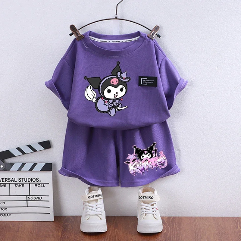 Kuromi Children T-Shirts Shorts Set Anime Sanrio Summer Tops Short Sleeves Pants Suit Pajamas Home Wear Clothes Kids Tracksuit