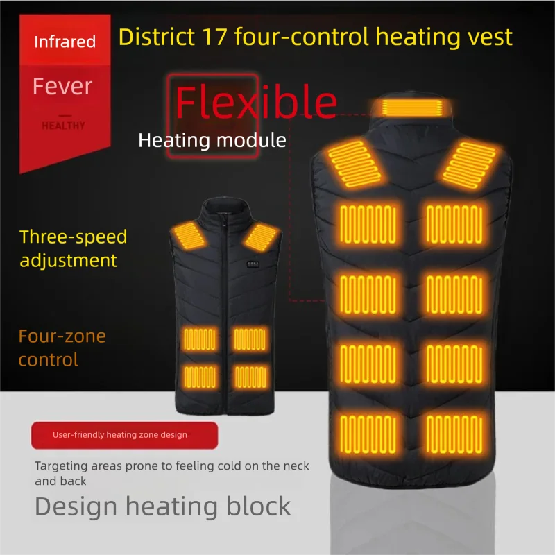 17Areas Men Winter Electric Heated Vest Four Control Constant Temperature Heating Thermal Warm Clothes Outdoor Sportswear Jacket