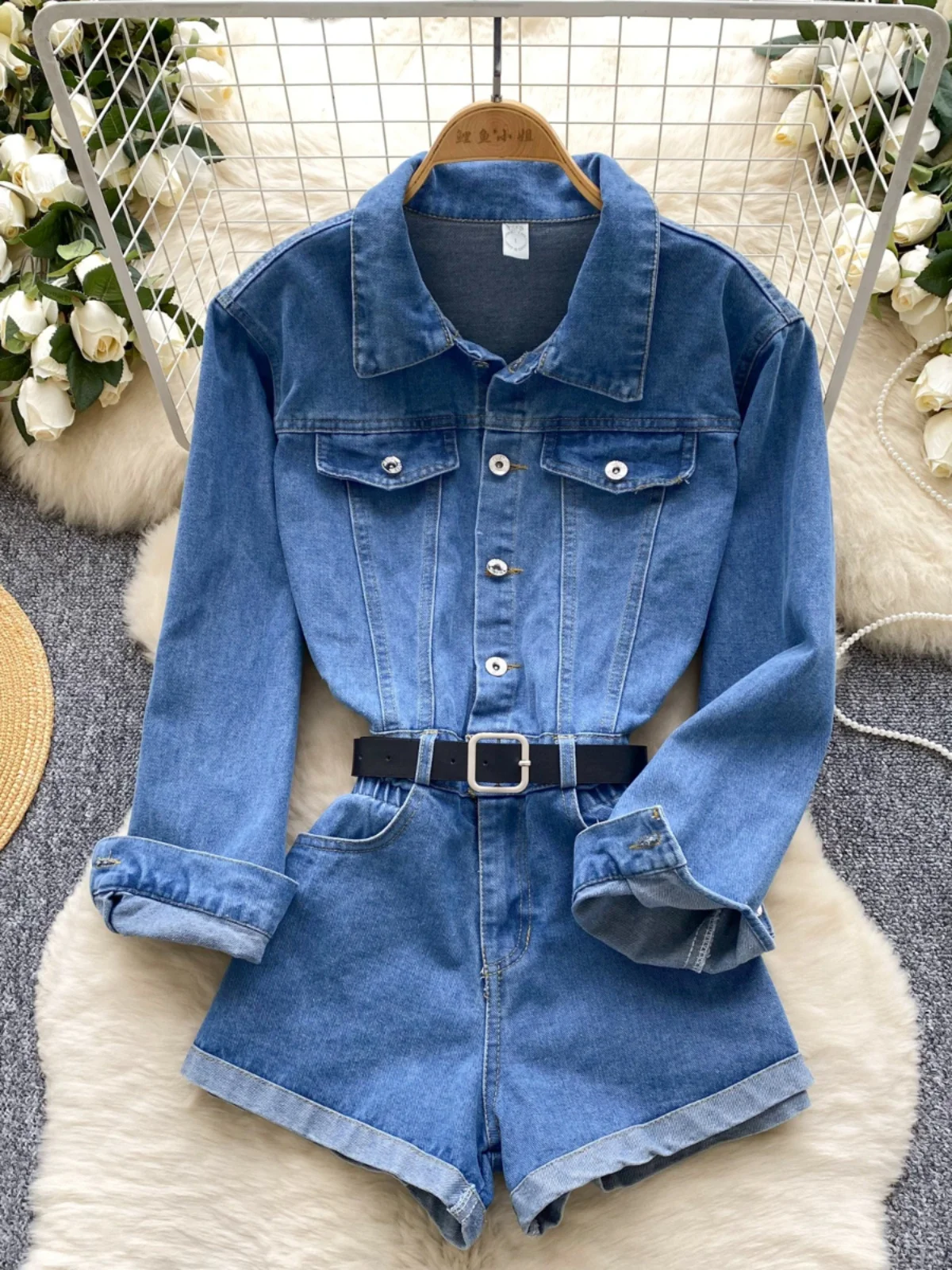 

Spring Autumn Vintage Denim Short Jumpsuits Women Long Sleeve Pocket Wide Legs Jeans High Waist Blue Playsuits Female