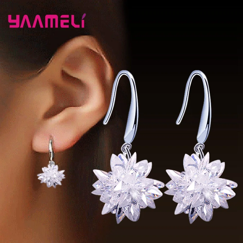 S925 Sterling Silver Jewelry Earrings Pendientes Shining White Cubic Zircon Ice Flower Original Design for Woman Girl Gifts