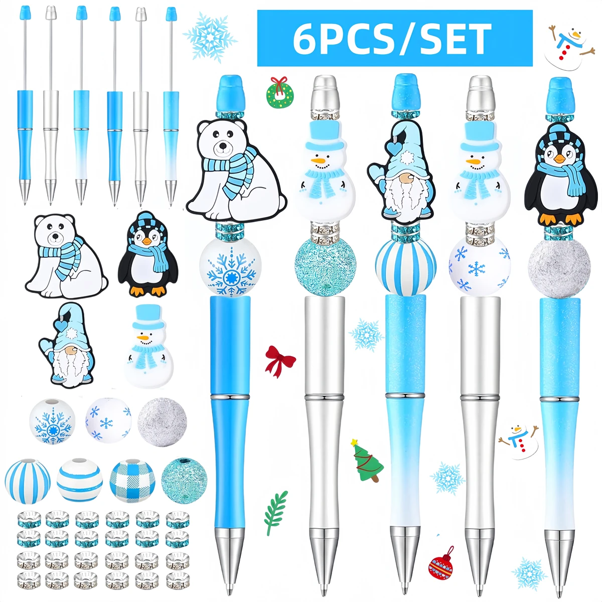 

6PCS/SET Winter Christmas Snowman Polar Bear Penguin Theme DIY Beaded Ballpoint Pen, Silicone, Acrylic, Wooden Bead Set
