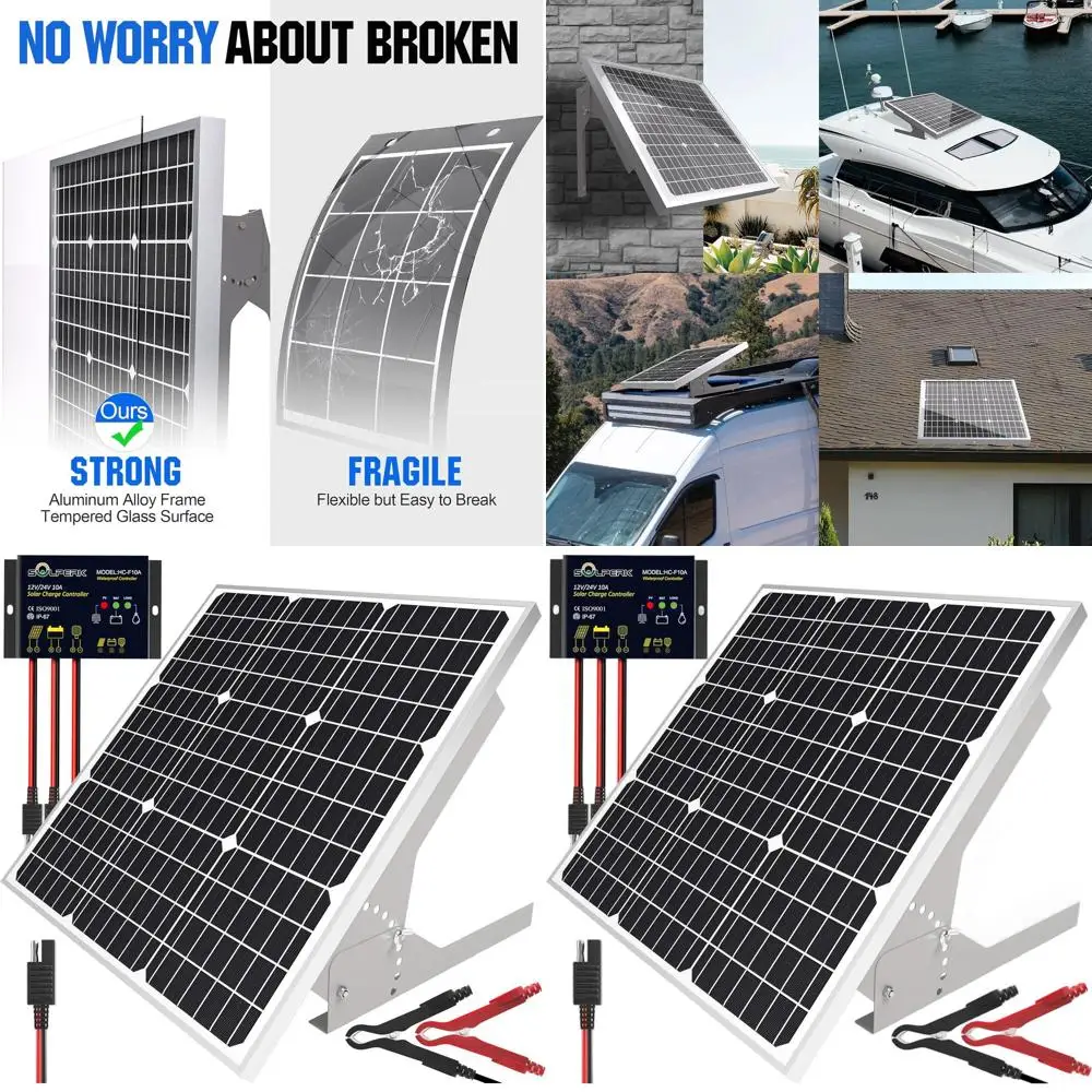 

Комплект солнечных панелей 50 Вт 12 В с водонепроницаемым контроллером и регулируемым креплением для поддержания заряда аккумуляторов в автомобилях и на открытом воздухе