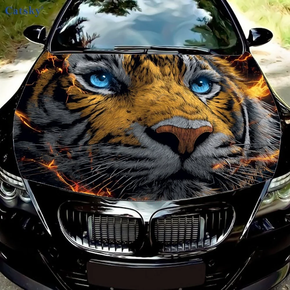 Vibrant tiger face with fiery details, perfect for car hood wraps. Eye-catching design adds a bold, wild touch to your vehicle.H