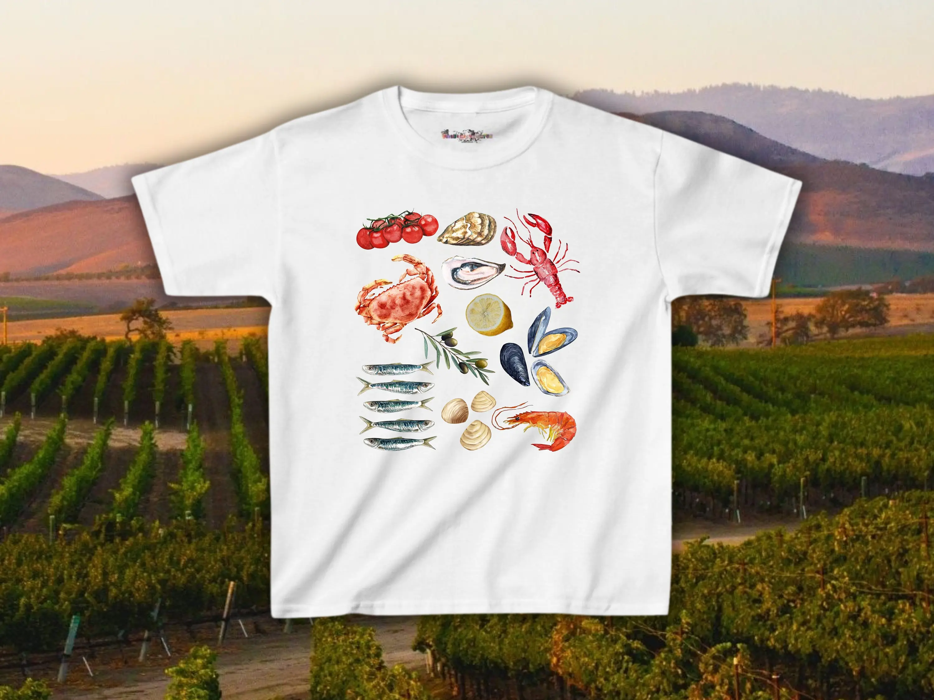 Seafood Collage Baby T Shirt Italian Summer Top Trendy Y2K Sardine Vintage Coastal