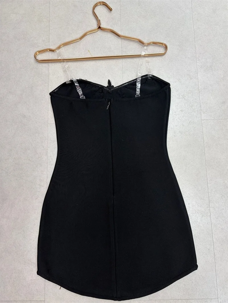 Luxury Crystals Black Bandage Prom Dress Sexy Stripe Sleeveless Short Mini Party Gown Formal Wedding Guest Birthday Evening Robe