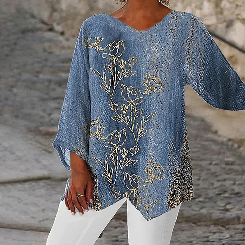 European and American women's 2024 spring new T-shirt casual loose irregular printed long sleeved V-neck top women YBF24-3