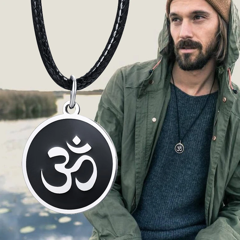 Men\'s OM Necklace Round Ohm Pendant Adjustable Yoga Spiritual Jewelry