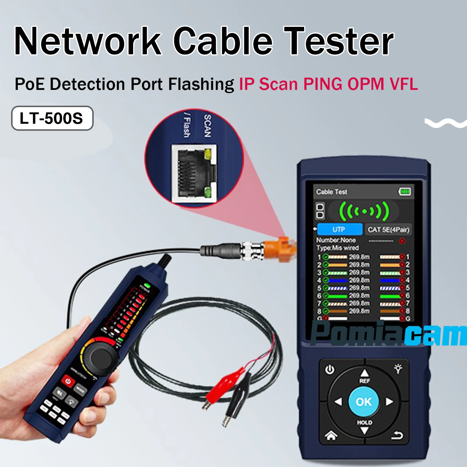 Network Cable Tester LT-500S Network Analyzer RJ45 Tracer TDR Length PoE Port Flashing Speed Detection IP Scan PING OPM VFL