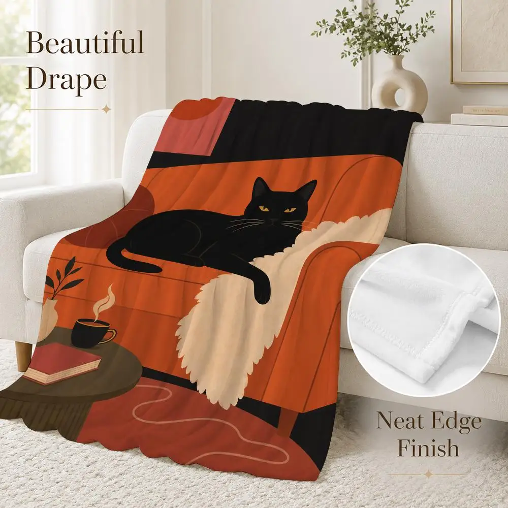 Black Cat Smoking a Cigarette Vintage Throw Blanket Soft Flannel Throw Lightweight Summer Home Nap for Office Travel Sofa Bed