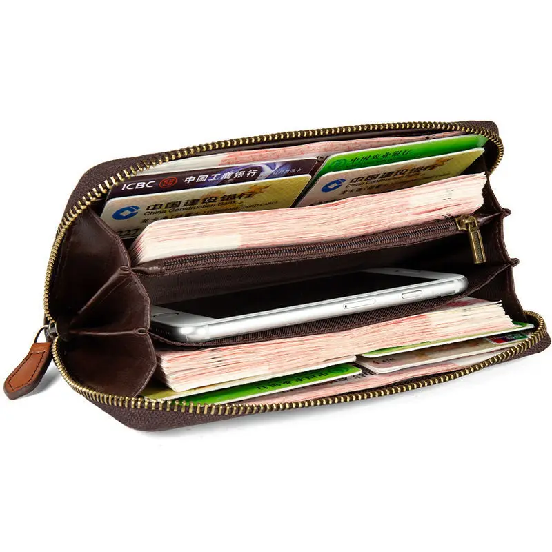 Nuevo Cartera larga para mujer, cartera Vintage hecha a mano de piel de vaca con cremallera, monedero de gran capacidad para