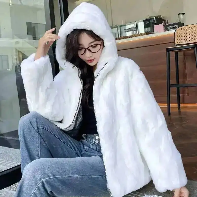 Nueva chaqueta de piel de conejo, abrigo de piel de conejo para mujer, abrigo de piel entera Natural, abrigo de piel de conejo a la moda con capucha, ropa Kawaii para mujer