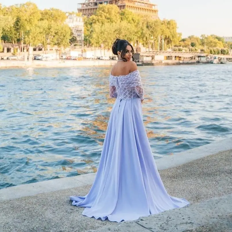 Vestidos de Fiesta de satén con abertura, elegantes vestidos de noche formales de manga larga con hombros descubiertos, longitud hasta el suelo