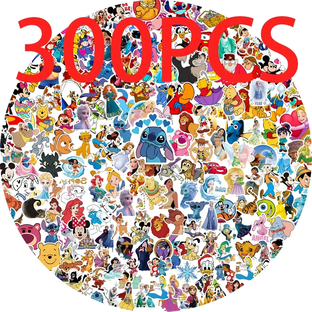 50/100/200/300Pcs Disney Mix การ์ตูนน่ารัก Stitch Mickey Princess สติกเกอร์ไวนิลแล็ปท็อปสเก็ตบอร์ดสติกเกอร์กันน้ําของเล่น