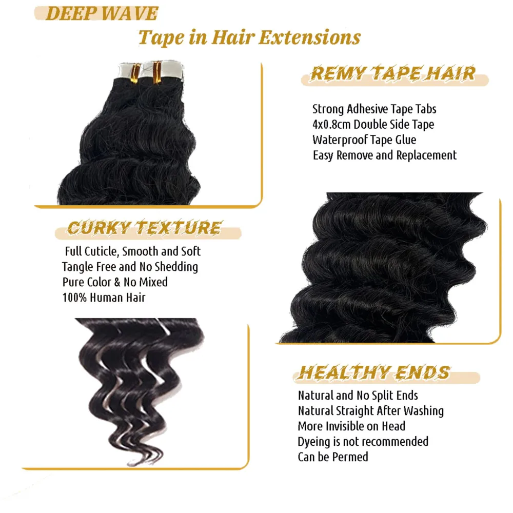 Deep Wave Tape in Hair Extensions Human Hair Natural Black Brazilian Curly Tape in Extensions Human Hair For Women 20Pcs/Set 50G