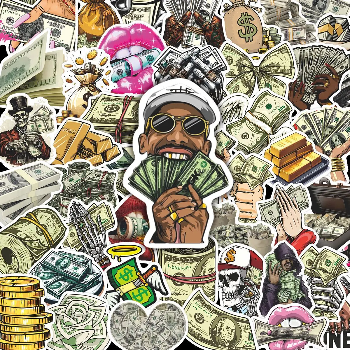 50 Uds. De pegatinas de dibujos animados de dinero, dólar, mundo, calcomanías para teléfono, portátil, maleta, cuaderno, monopatín, pegatinas impermeables