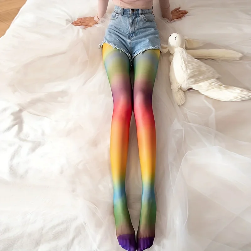 AOTVOTEE American Style Colorblock Pantyhose High Waist Party New Thin Rainbow Stripe Sexy Girlish Style Silk Stockings