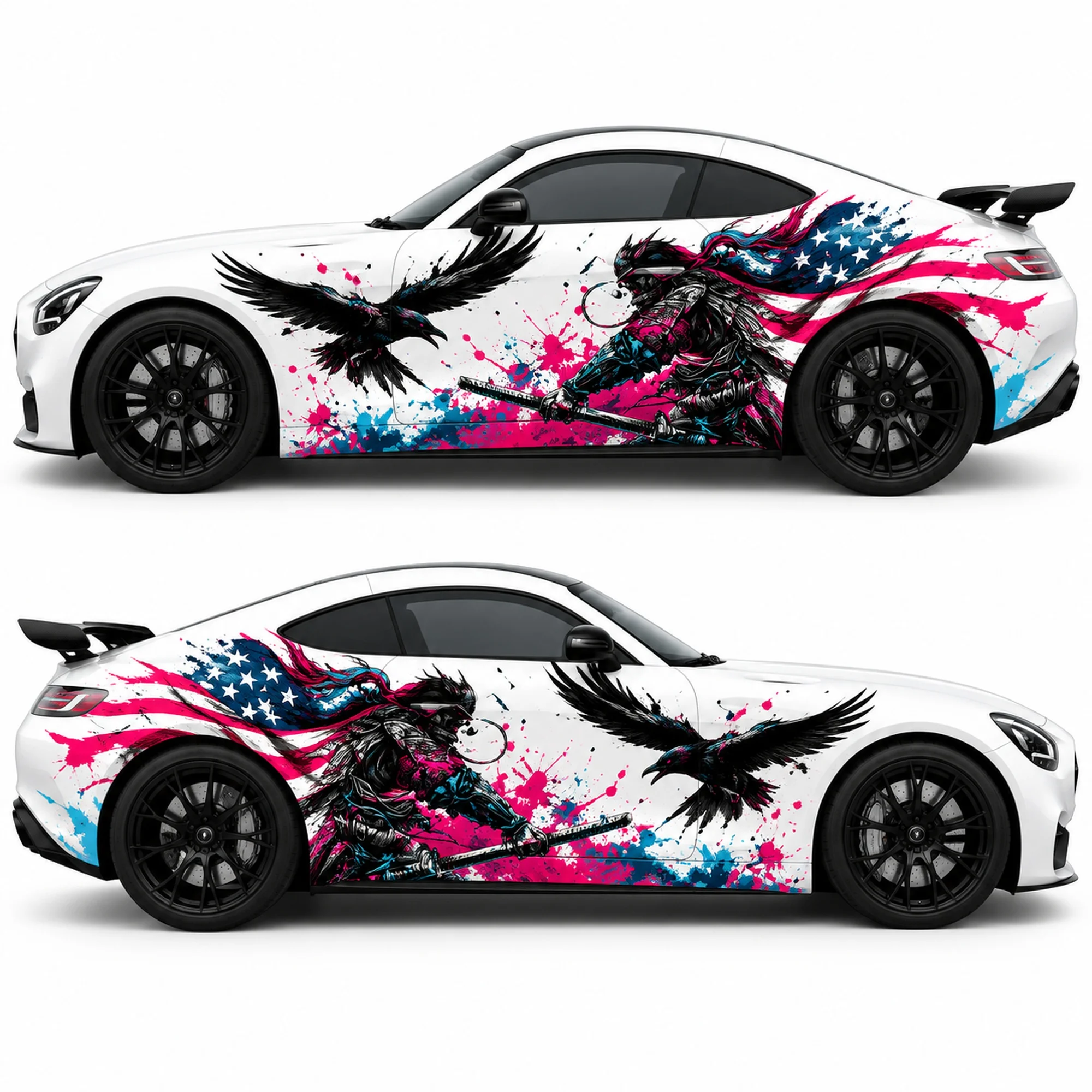 2 PCS Magenta Raven Vanguard Car Side Decals, American Flag Street Art Sticker Set