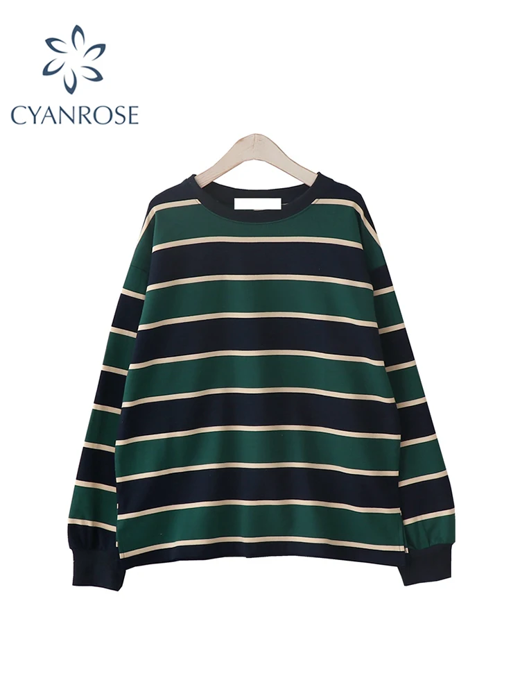 

Women's Green Striped Long Sleeve Sweatshirt Vintage Streetwear Korean Fashion Harajuku 90s Aesthetic Sweatshirt Clothes Autumn