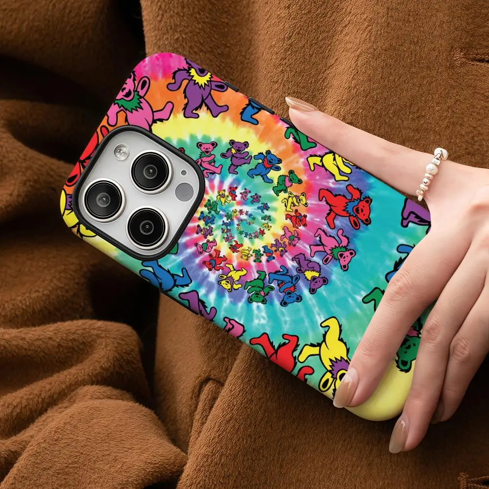Grateful Dead Dance Bear Phone Case For iPhone 16 15 14 13 12 11 Pro Max Plus Glossy HD Double-Layer Liquid Back Film Hard Shell
