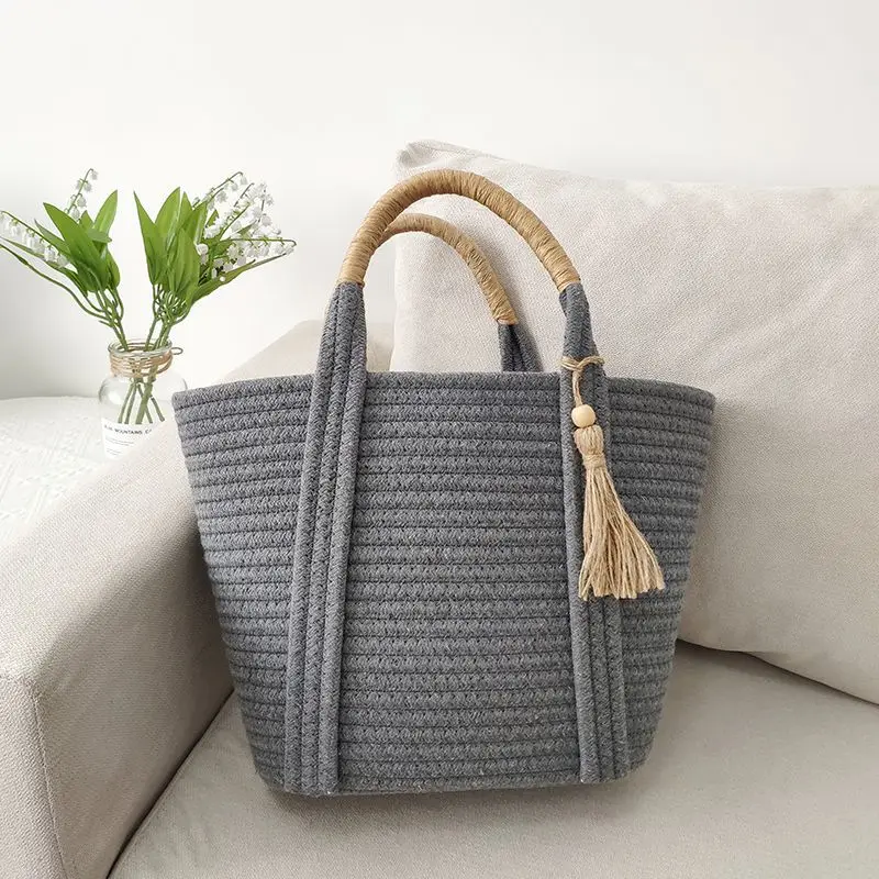 Borsa da donna New Ins Simple Fashion Versatile borsa in corda di cotone intrecciata borsa in paglia borsa da spiaggia per le vacanze con spedizione