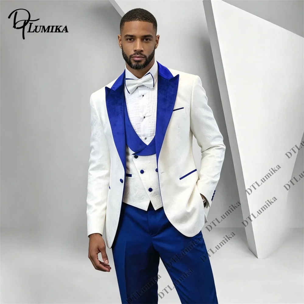 Three-Piece Men Suit White Floral Embossed with Royal Velvet Collar, Wedding Groom Suit Single Button Formal Party Prom Tuxedo