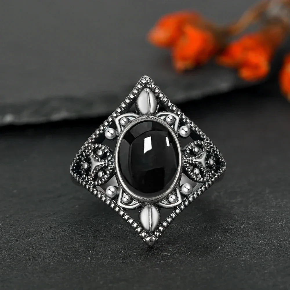 925 Silver Vintage Ring Natural Black Agate Denier Type Horse Eye Design for Women Exquisite Packing Gift  Fine ring