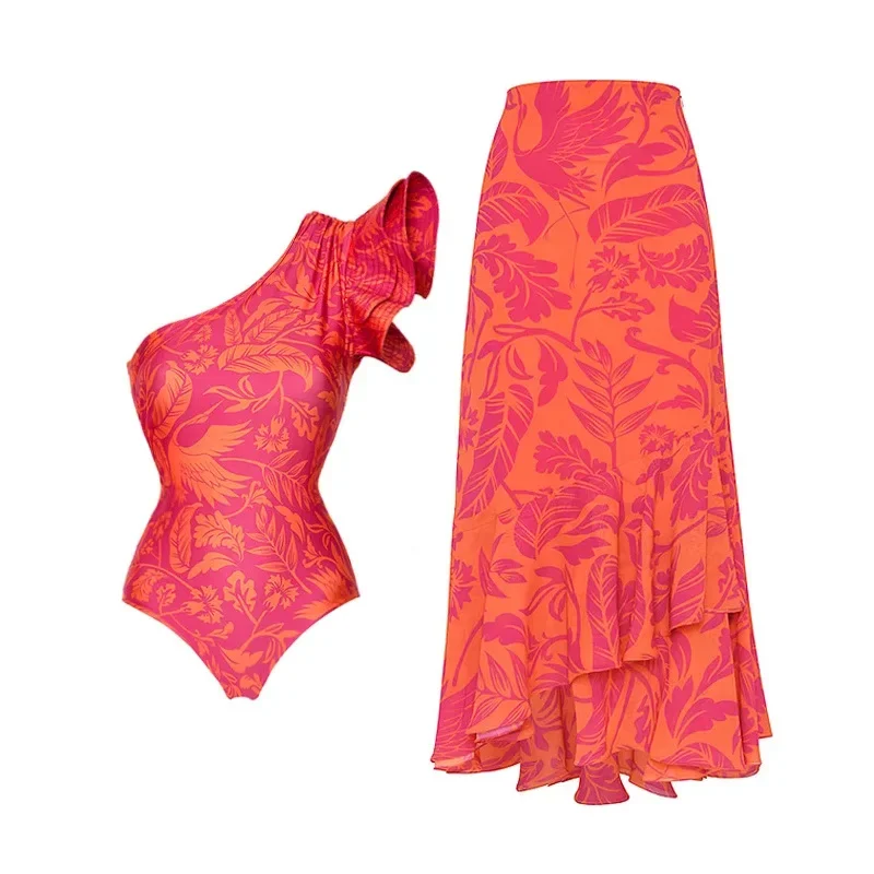 

Купальник на одно плечо с цветочным принтом и рюшами, женский роскошный сексуальный комплект бикини с накидкой, модная пляжная одежда 2025 года, боди, женские купальники