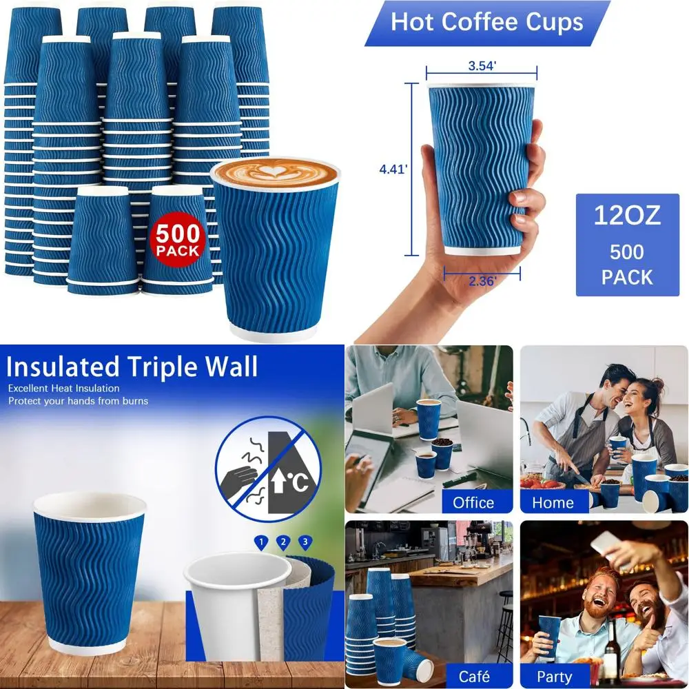 

12 oz Disposable Insulated Paper Coffee Cups Bulk, Kraft Ripple Wall Design for Hot Beverages, 500 Count