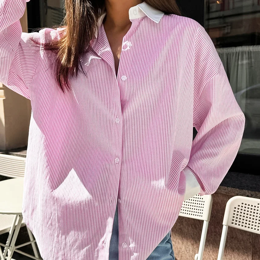 المرأة الوردي شريطية طويلة الأكمام قميص التلبيب تقسم اللون Preppy المرأة بلوزة فضفاضة قميص مكتب سيدة ركاب الخريف الربيع #2