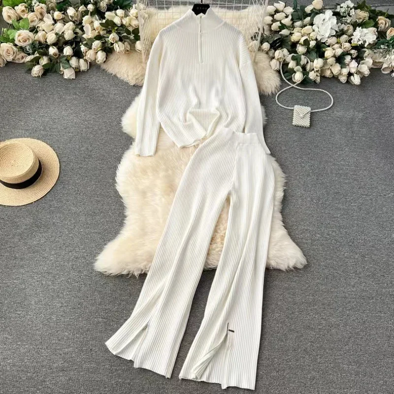 

New Women's Tracksuit Winter Knitted Turtleneck Zipper Pullover Straight Jogging Pant Sets Casual Sweater Two Pieces Sets Women