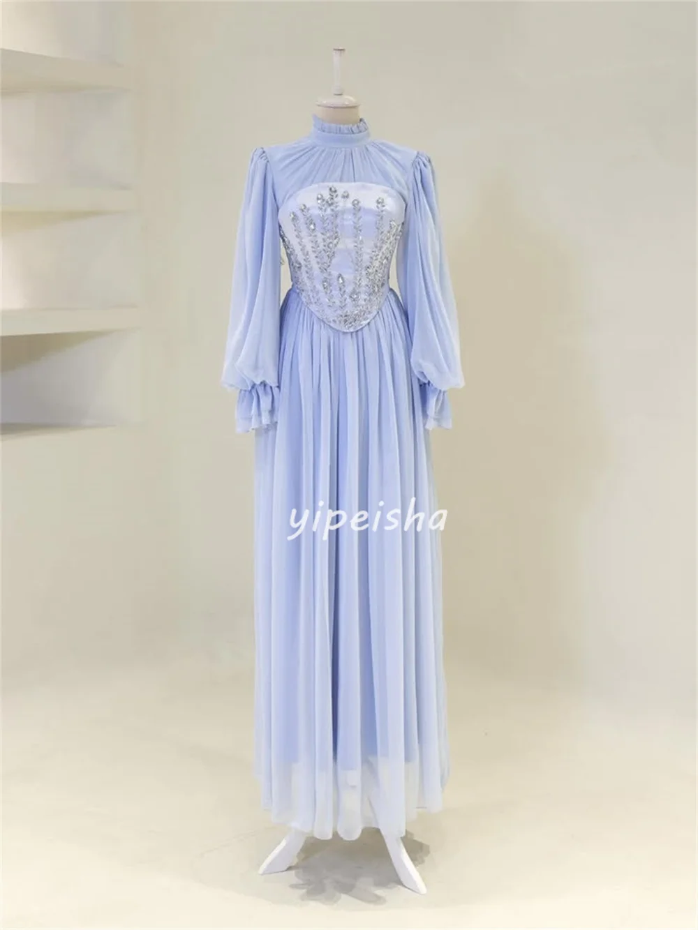 Customized High Quality Matching Chiffon Rhinestone Pleat Straight High Collar Long Dresses Bespoke Occasion Dresses Elegant