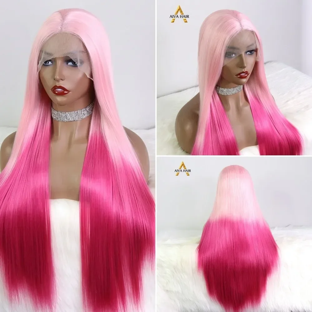 

AIVA Ombre Lace Front Wig Straight Synthetic 30 Inch Lace Front Highlight Pink Wig for Woman Cosplay Heat Resistant Preplucked