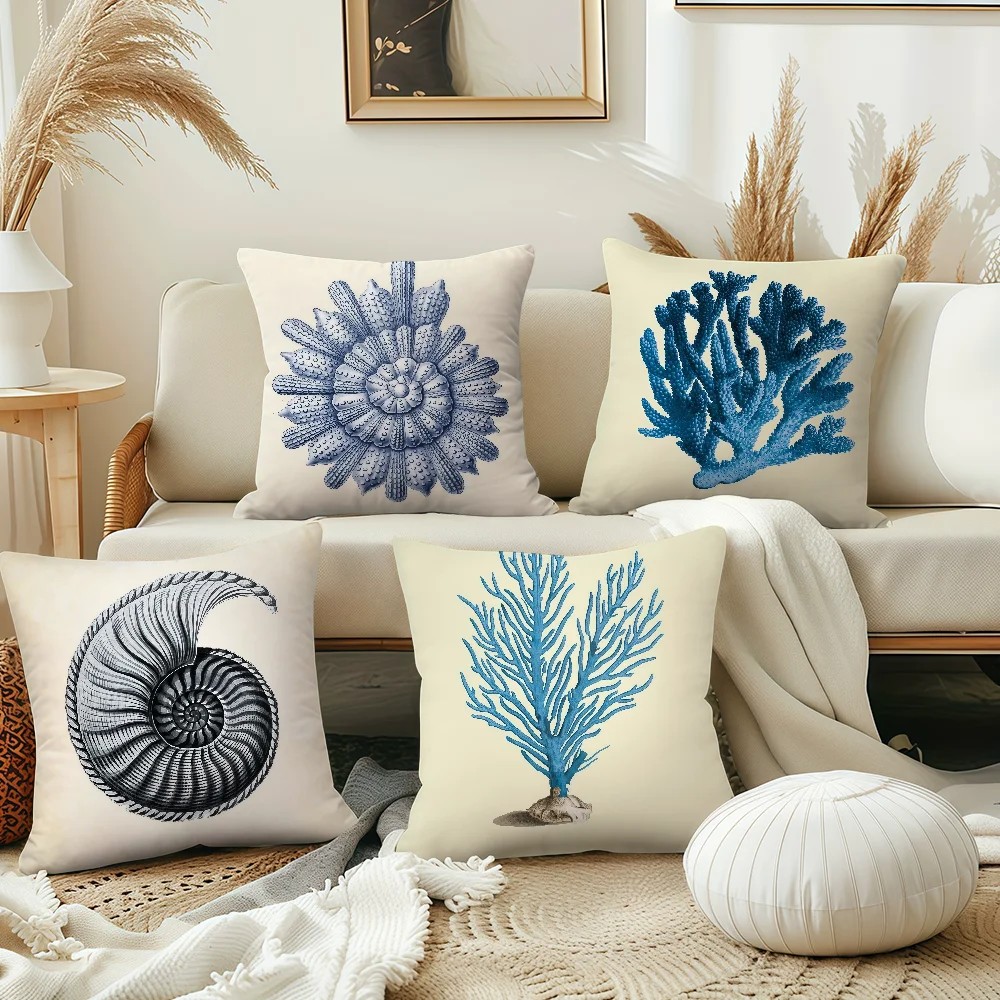Blue Sea Creature Coral Shrimp cushion cover Pillowcase Double-Sided Printing Sofa Cushion Bedroom Bedside PillowCover